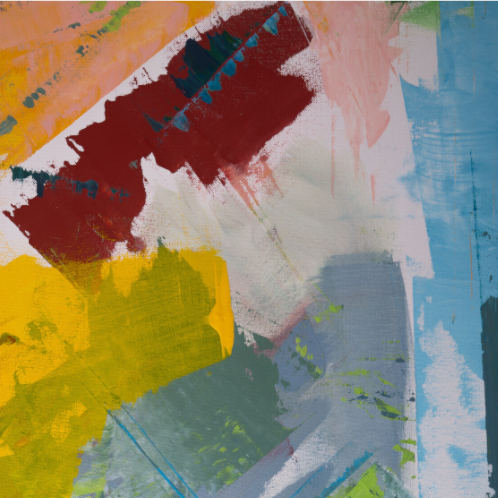 Abstract painting with splashes of yellow, red, blue, and green on a textured surface.