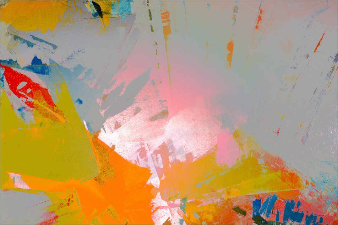 Abstract art with splashes of pink, yellow, blue, and orange on a white background