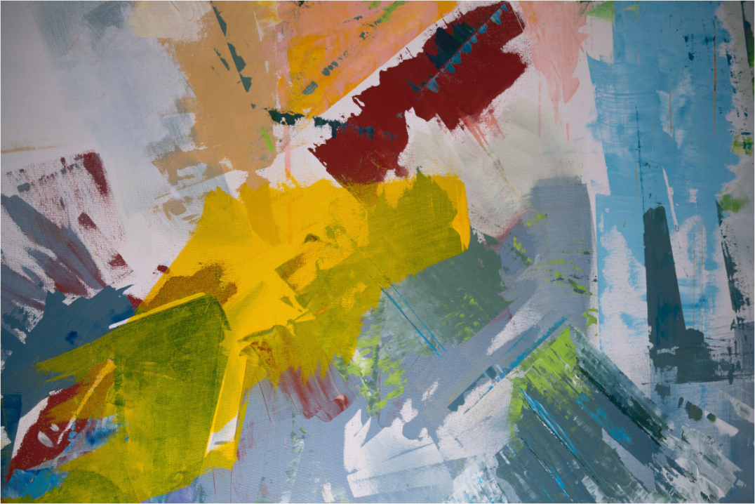 Abstract painting with splashes of yellow, red, blue, and green on a textured surface.