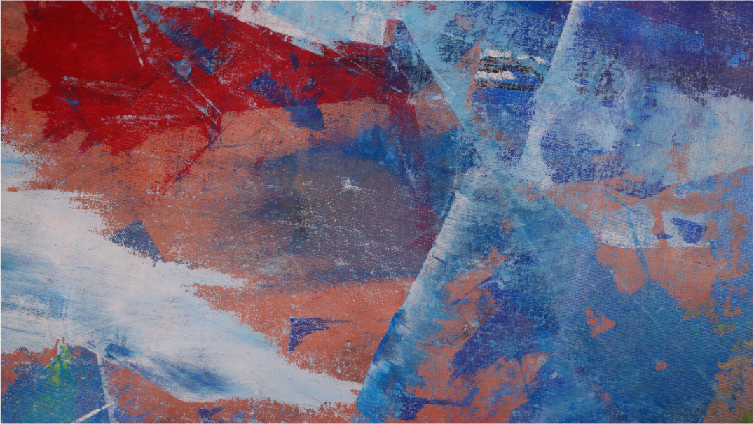 Abstract art with red, blue, and white colors on a textured surface