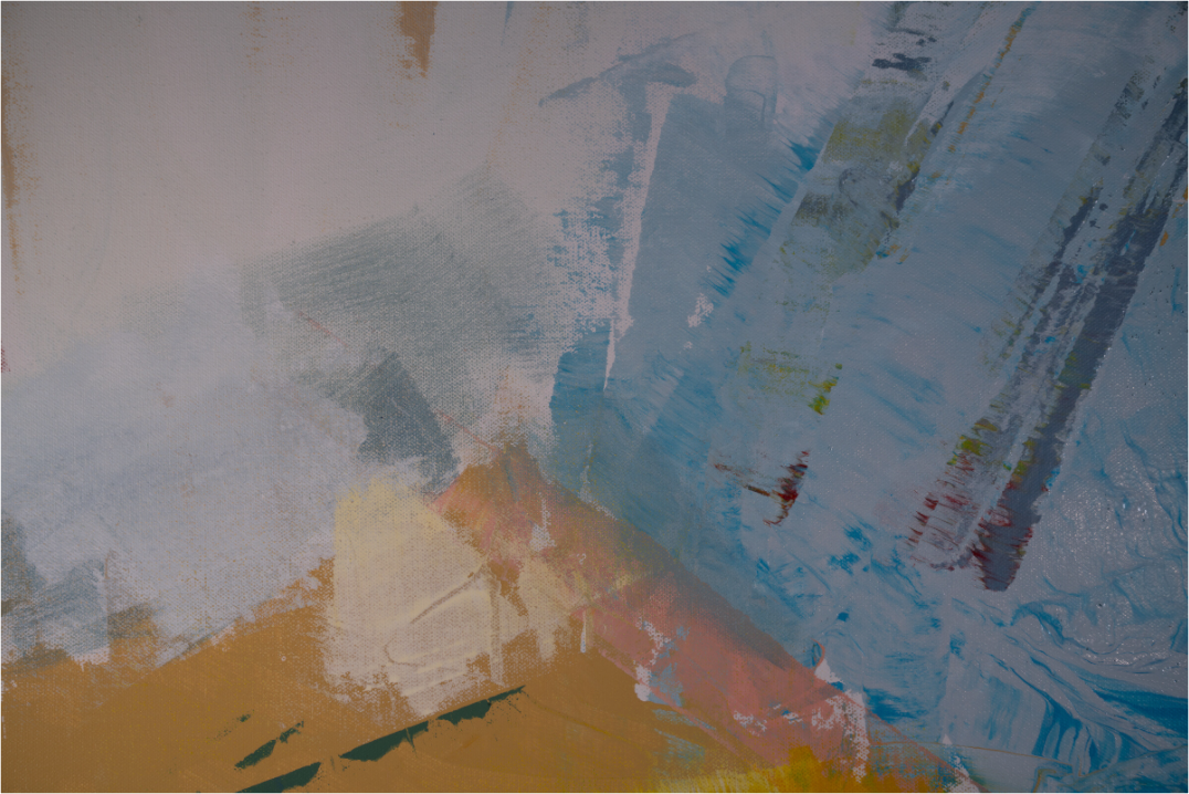 Abstract art with a mix of blue, yellow, and brown colors on a textured surface.